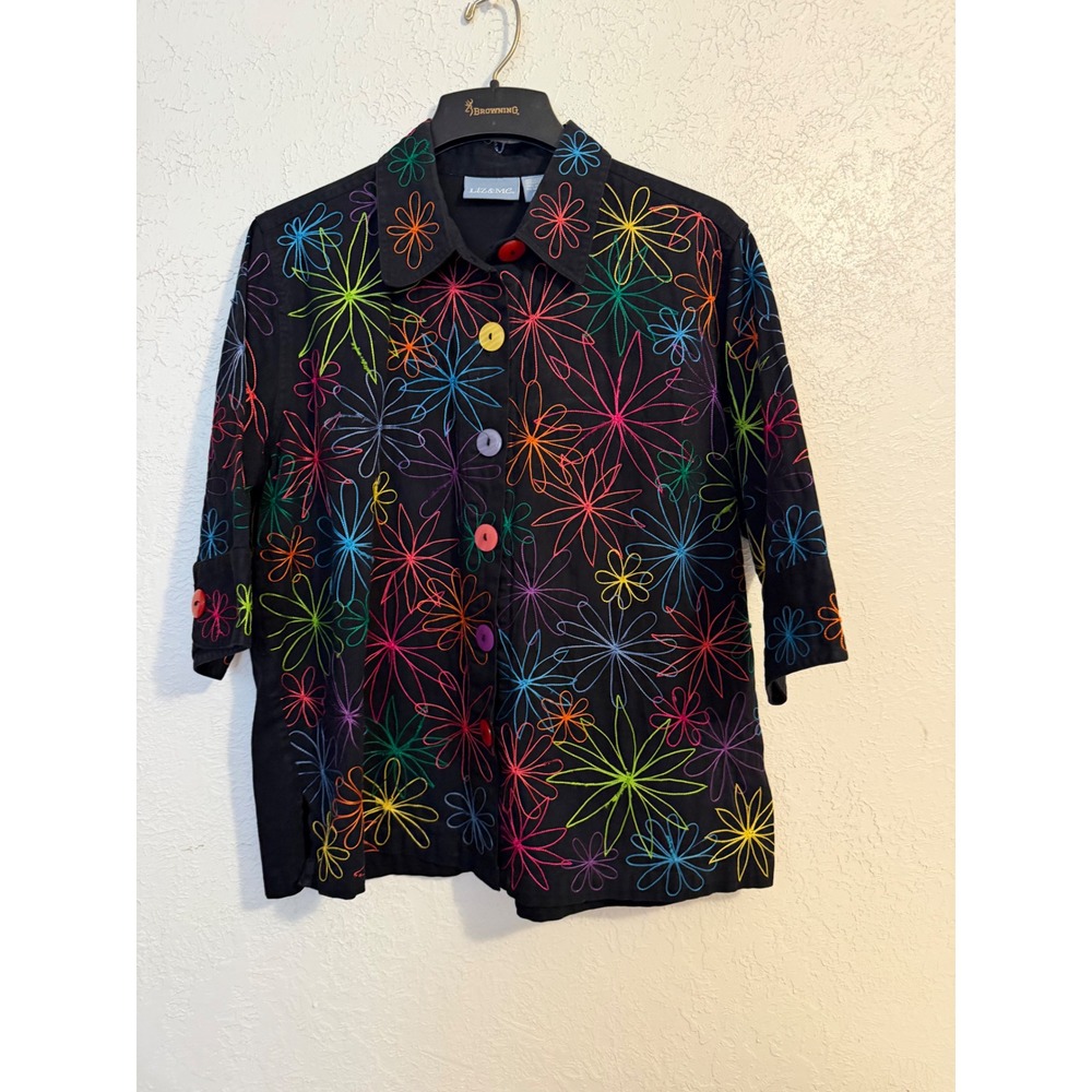 Liz & Me Womens 1X Black Cotton Floral Embroidered Button Down Shirt Multi Color